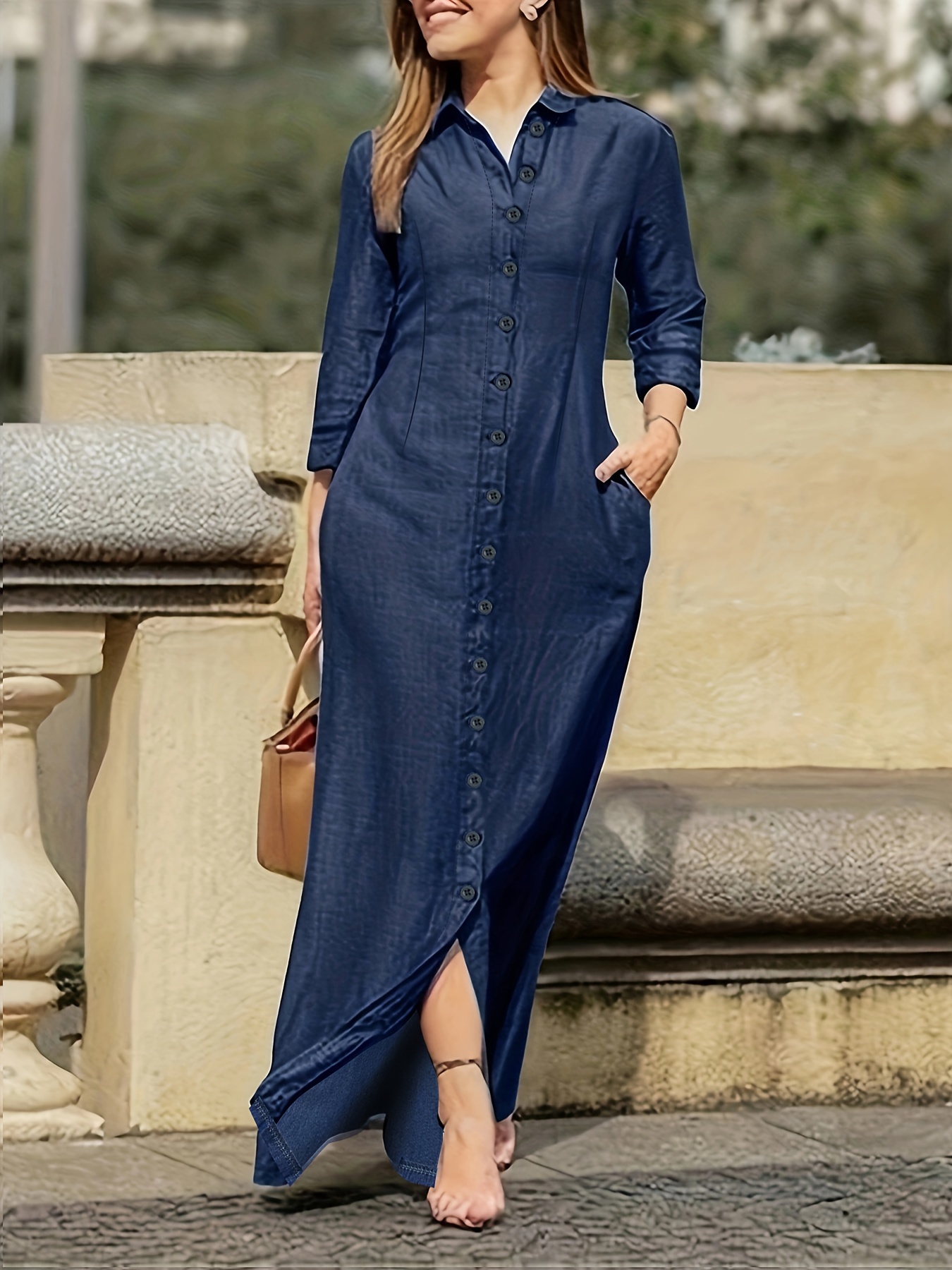 Button Front Solid Maxi Dress, Casual Long Sleeve Collar Dress, Women's  Clothing