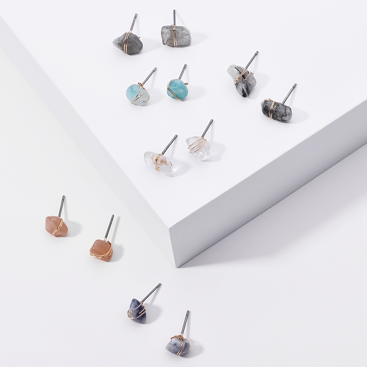 6 Pairs Raw Stone Stud Earrings Set, Random Shape