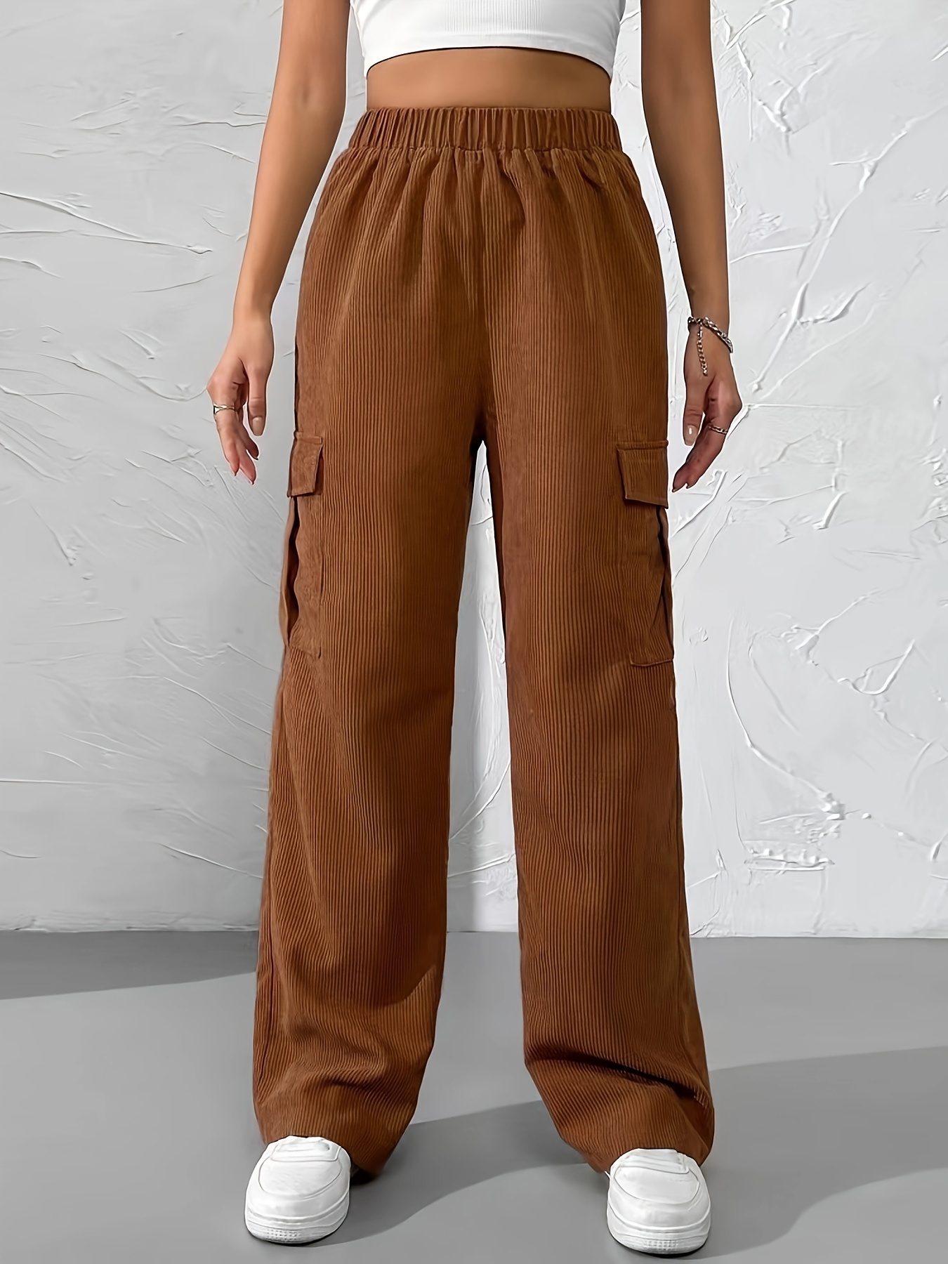 Women's Brown Wide Leg Pants Mid Rise Corduroy