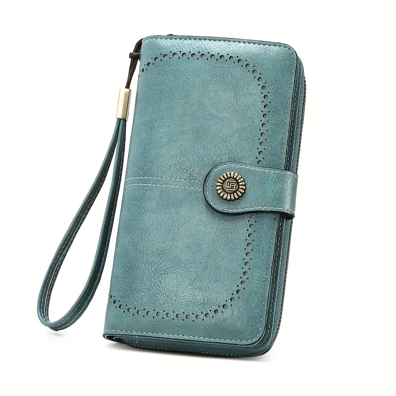 Genuine Leather Trifold Women’s Zipper Wallet with Wristband Light Blue