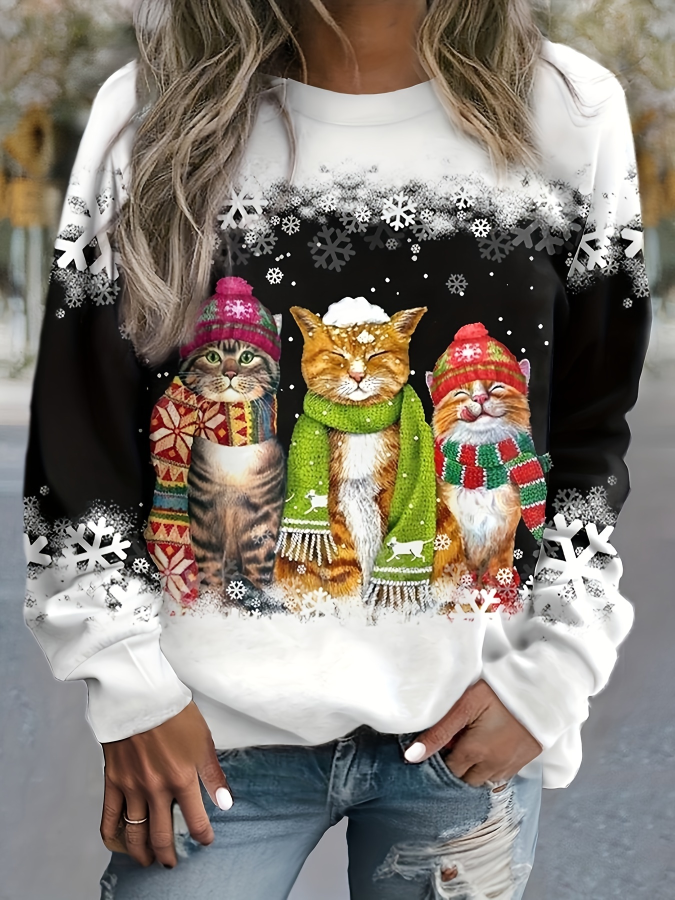 Womens Sweatshirt Fashion Casual Christmas Cat Printed Pattern O