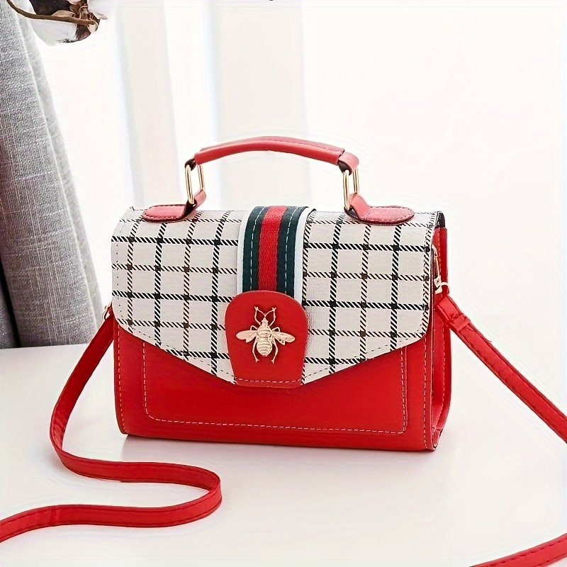 Plaid Pattern Crossbody Bag, Women's Multi Pockets Purse, Studded Decor Faux  Leather Shoulder Bag - Temu