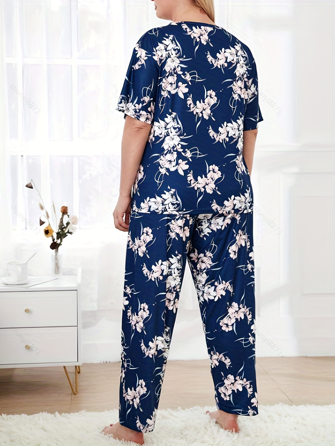 Women's Two Piece Pajama Set, 2023 Trendy V Neck Short Sleeve Tops And  Floral Shorts Sets Lounge Matching Sets