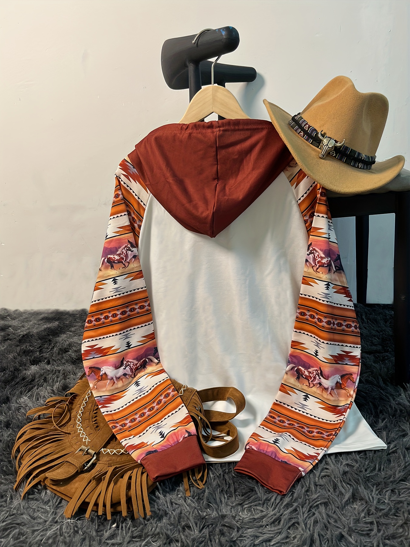 western ethnic print drawstring hoodie vintage long sleeve pocket sweatshirt womens clothing details 2