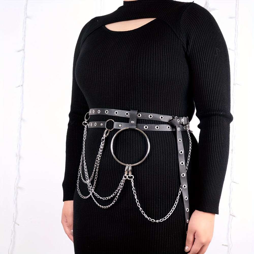 plus size chain fringe harness belt double layer pu leather  display picture 2