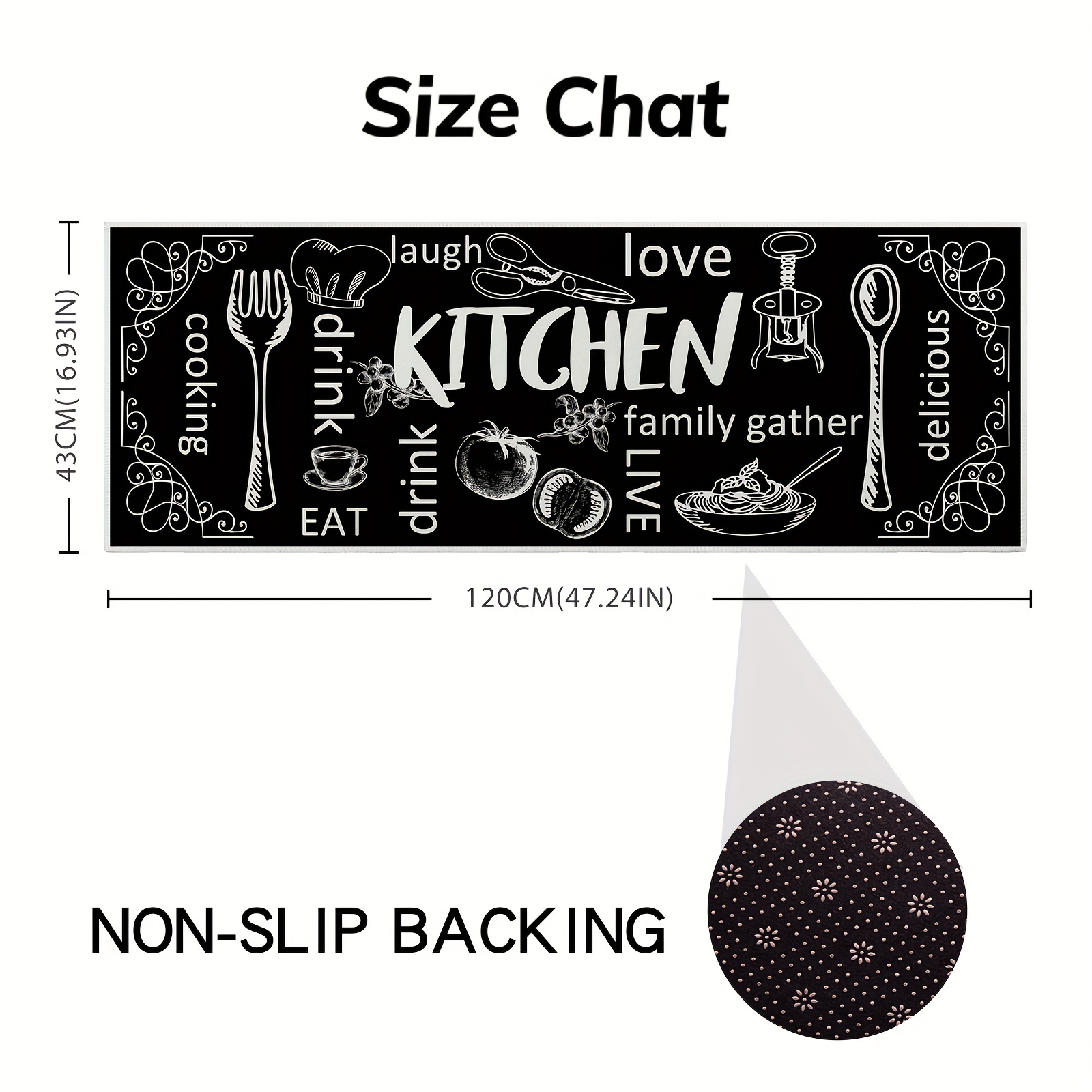 Black And White Kitchenware Printed Kitchen Rugs, Absorbent Non