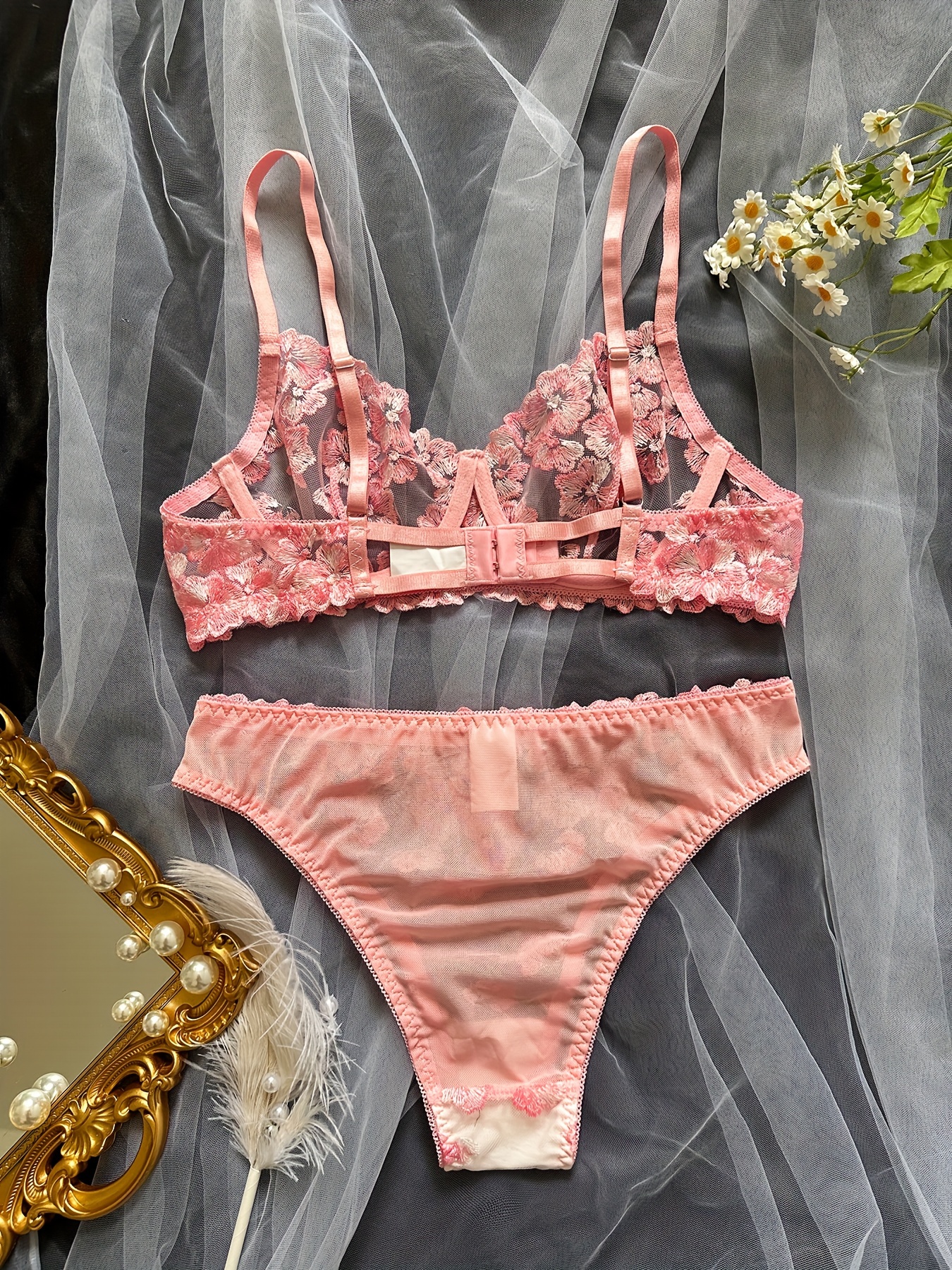 Floral Embroidery Lingerie Set, Mesh Unlined Bra & Panties, Women's Sexy  Lingerie & Underwear