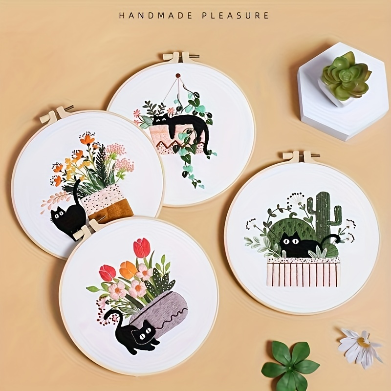 KARLSITEK Hand Beginner Embroidery kit for Adults,Easy Cross Stitch Kits  with Pattern Animals cat, Funny DIY Embroidery Include Floss Clothe Hoop  Thread and Needle Tool kit for Starter Women 