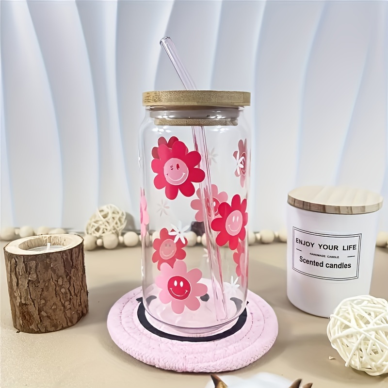 16 oz Happy Flowers Glass Cup with Bamboo Lid and Straw: Libbey