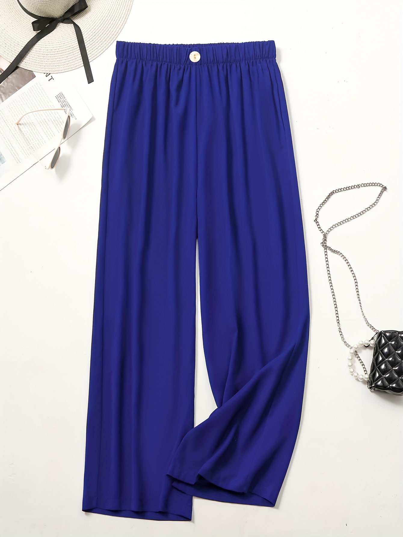 Women's Elegant Plain Flare Leg Royal Blue Long Plus Size Pants 0XL (12) 