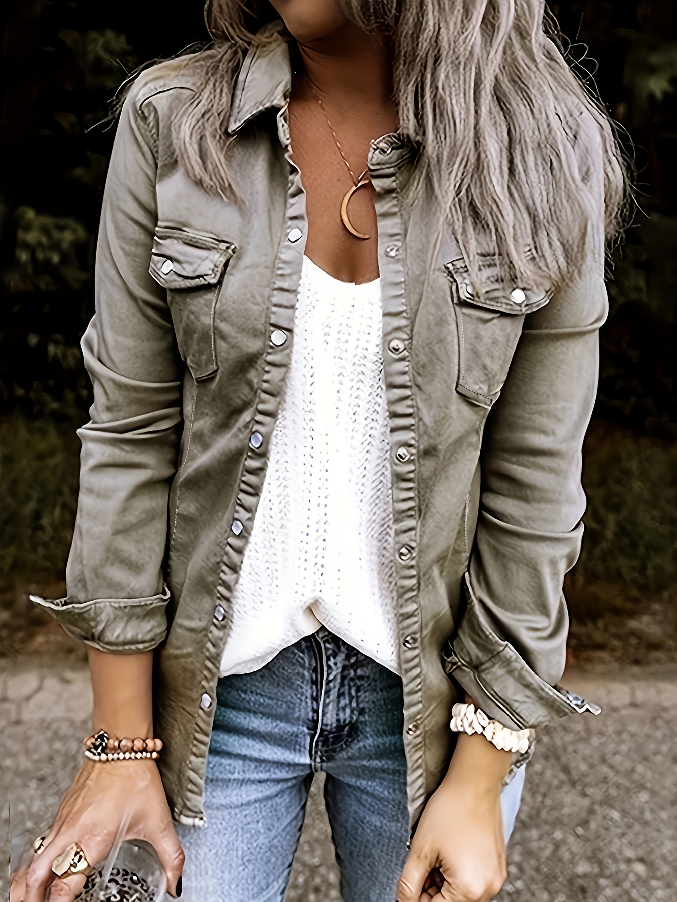 stylish denim safari top button up ruched trim long sleeve collared shirt casual light jacket tops womens clothing details 10