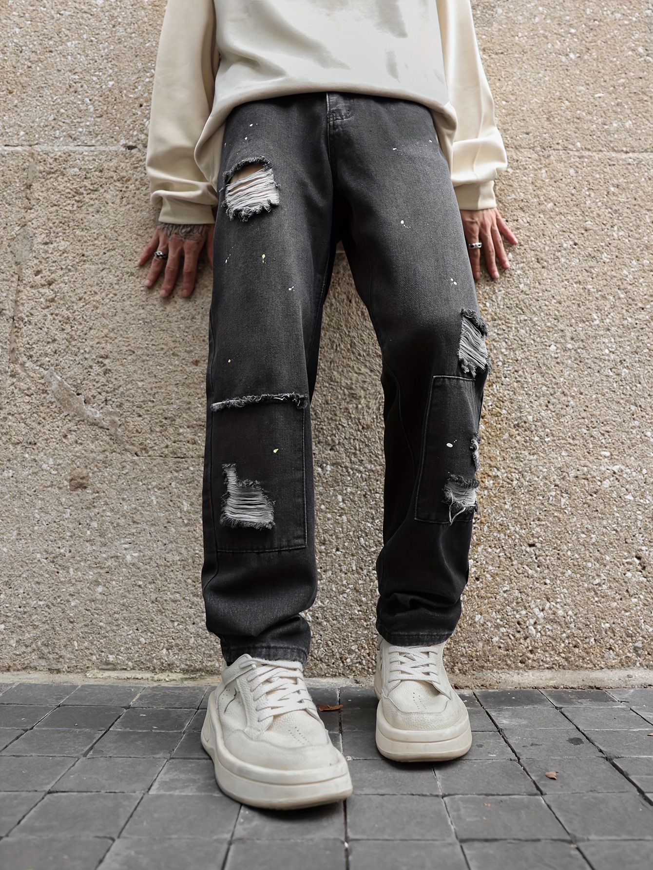 Black Ripped Jeans Men - Temu Canada