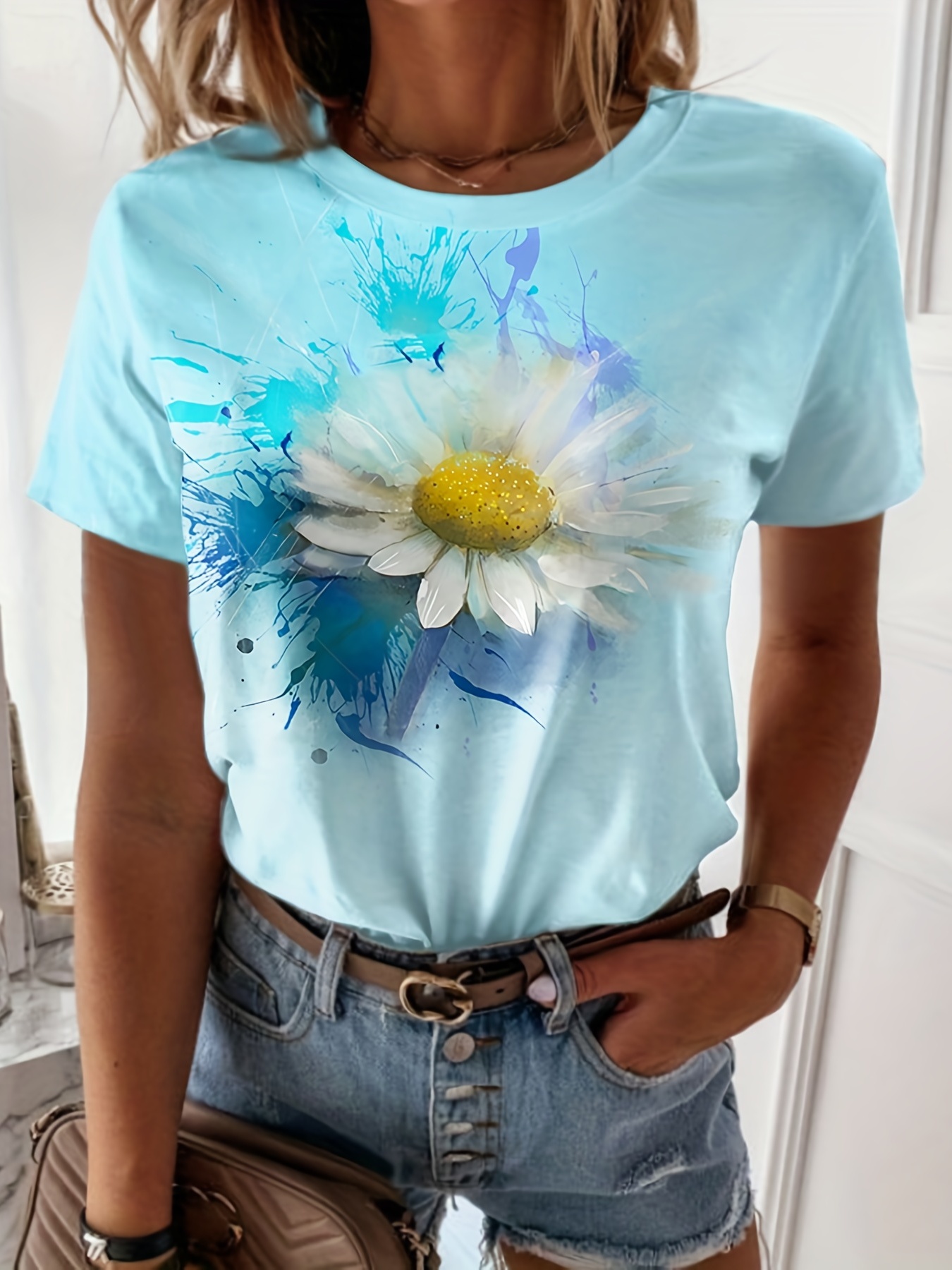 【CPGN STUDIO】Daisy Flower Pigment Short Sleeve T-shirt Faktuzi Daisy Shirts for Women Oversized T Shirts Flower