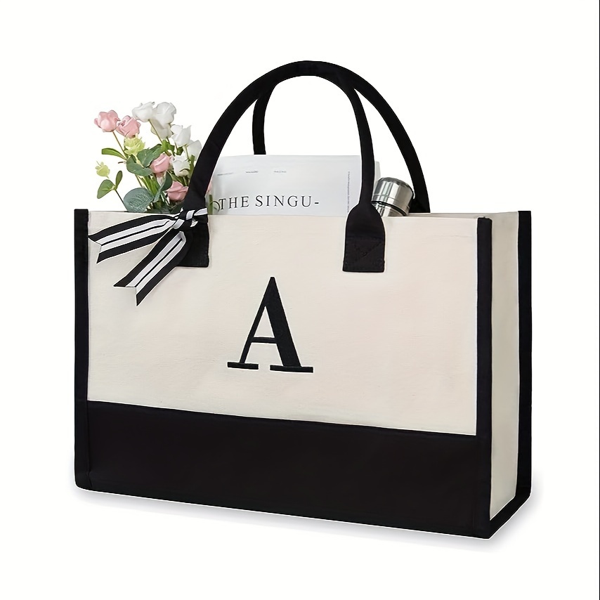 

Initial Letter Print Tote Bag, Fashion Canvas Gift Bag, Large Capacity Shopping Bag