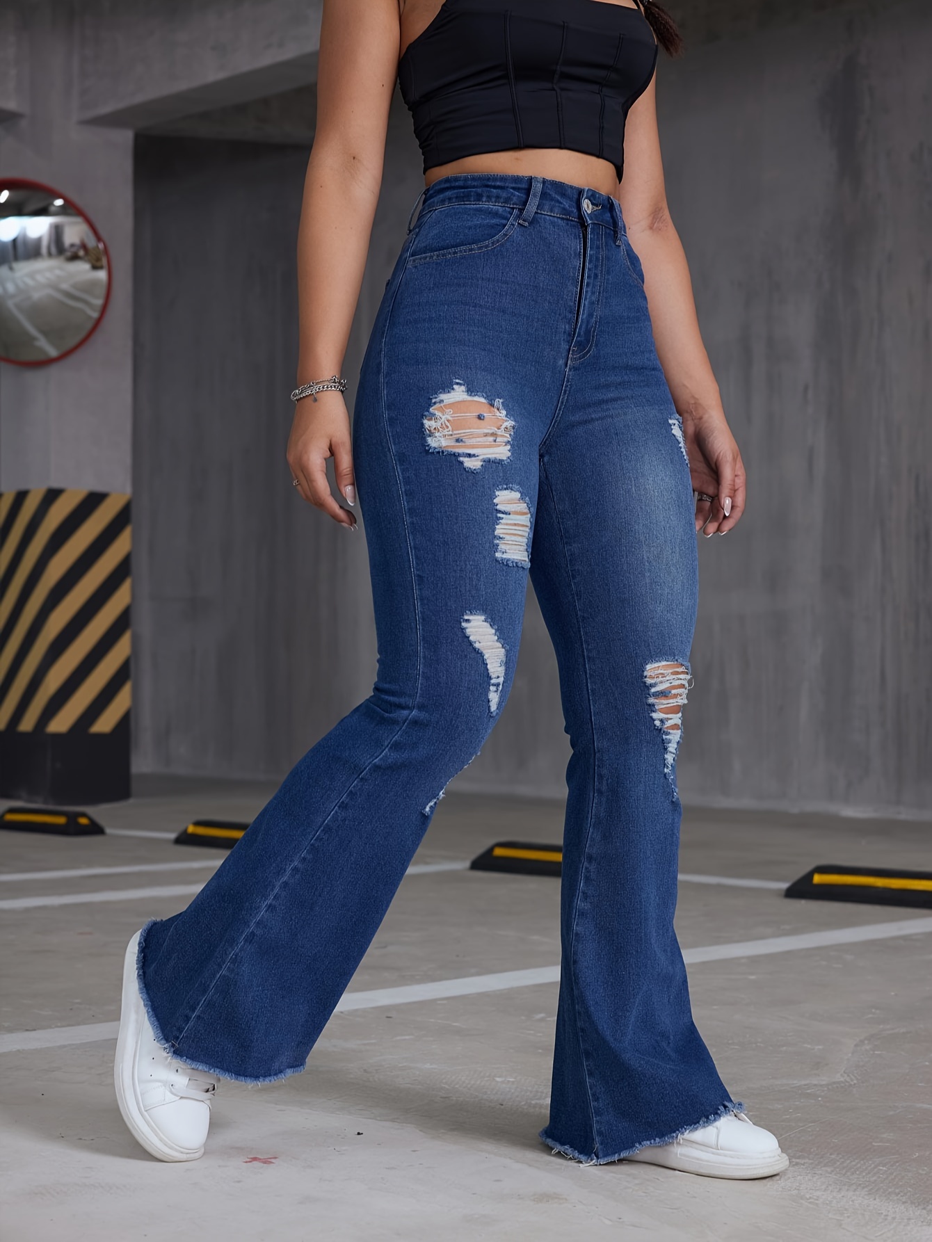 Ripped Holes Fashion Flare Jeans, Raw Hem Mid-Stretch Bell Bottom Jeans,  Women's Denim Jeans & Clothing