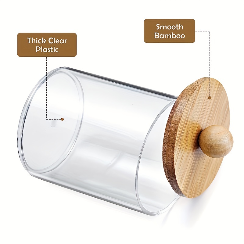 Clear Qtip Holder Storage Canister Organizer With Bamboo Lid