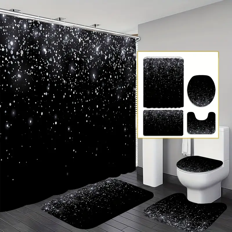 Shiny Black Shower Curtain Set, Bathroom Rug, U-shape Mat, Toilet Lid Pad,  Water-resistant Curtain Including 12 Hooks, Modern Bathroom Decorations, Bathroom  Accessories - Temu
