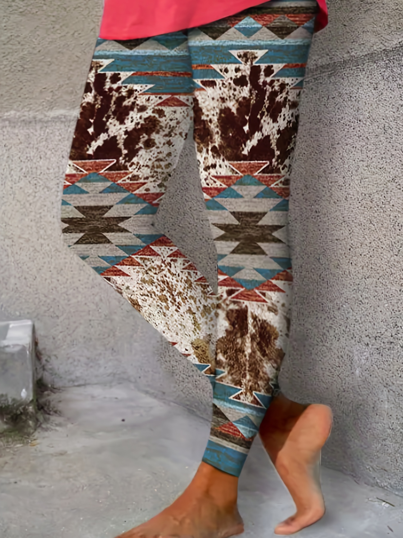 Plus Size Boho Leggings, Women's Plus Tie Dye Aztec Print Medium Stretch  Casual Leggings