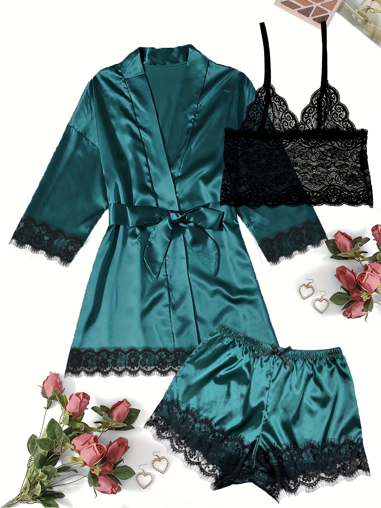 Women's Lace Satin Sleepwear Cami Top and Shorts Pajama Set Nightwear Short  Sleepwear (Green,XL) : : Clothing, Shoes & Accessories