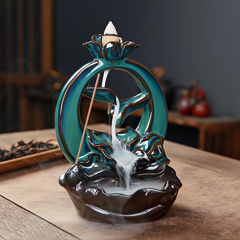Lotus Waterfall Koi Fish Incense Burner, Ceramic Backflow Zen