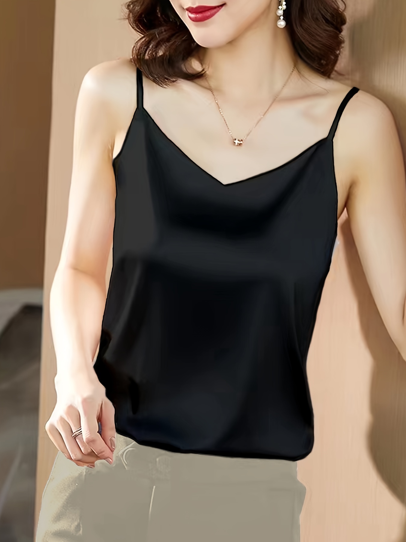 Womens Tops Dressy Casual - Tops for Women Trendy - Women's Lace Silk Satin Tank  Top Basic V Neck Camisole Strap Tops，Black S at  Women's Clothing  store