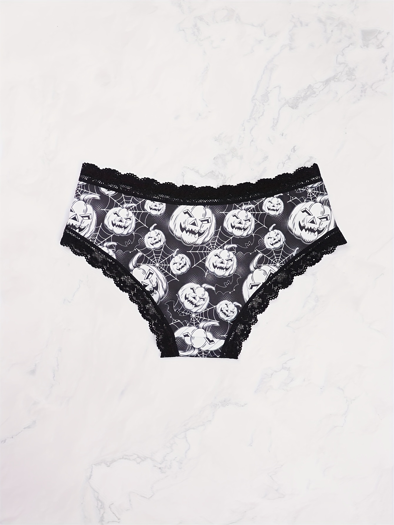 3pcs Gothic Contrast Lace Hipster Panties, Halloween Skull & Star Print  Intimates Panties, Women's Underwear & Lingerie