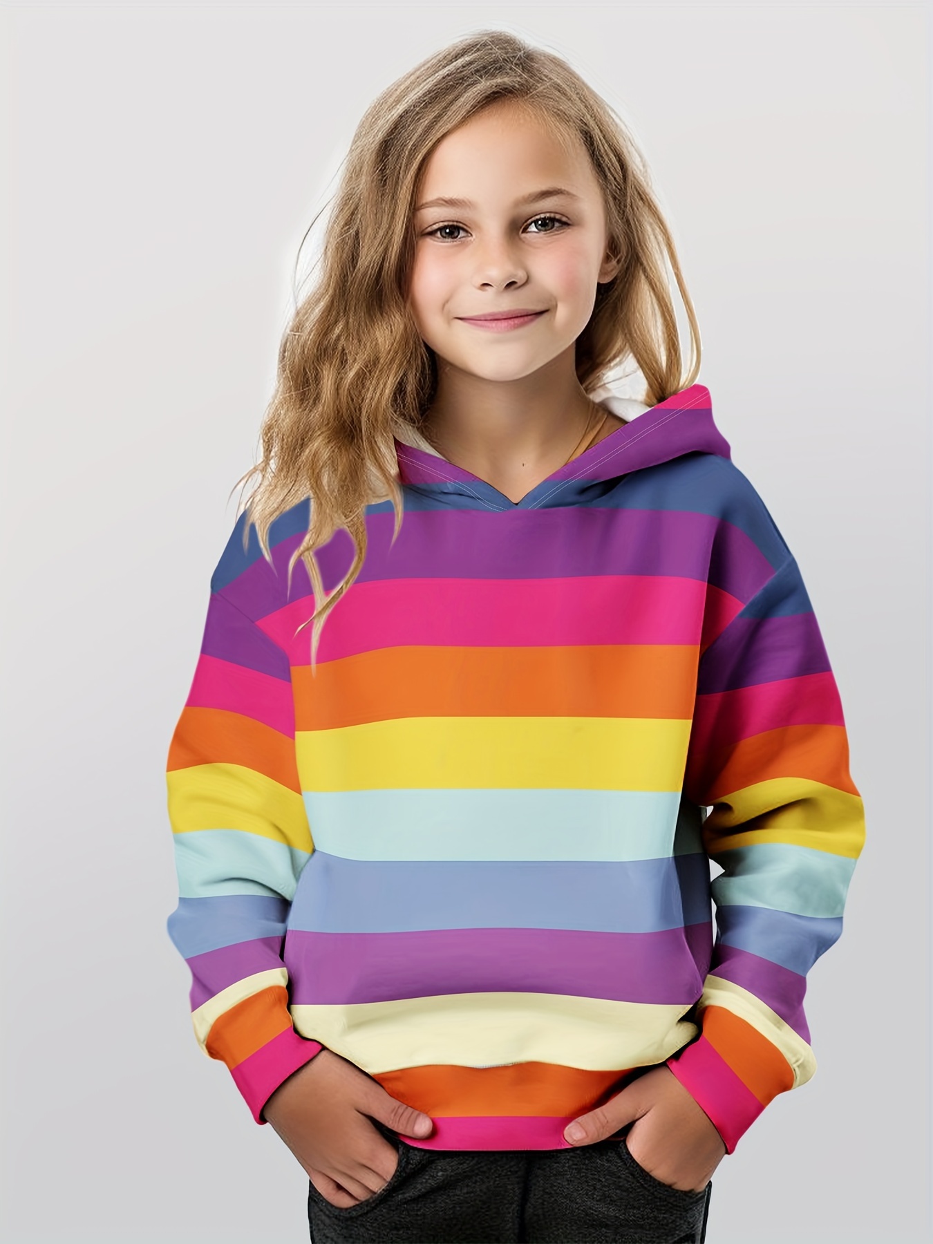 adorable rainbow stripe hoodie girls cozy polyester blend Temu