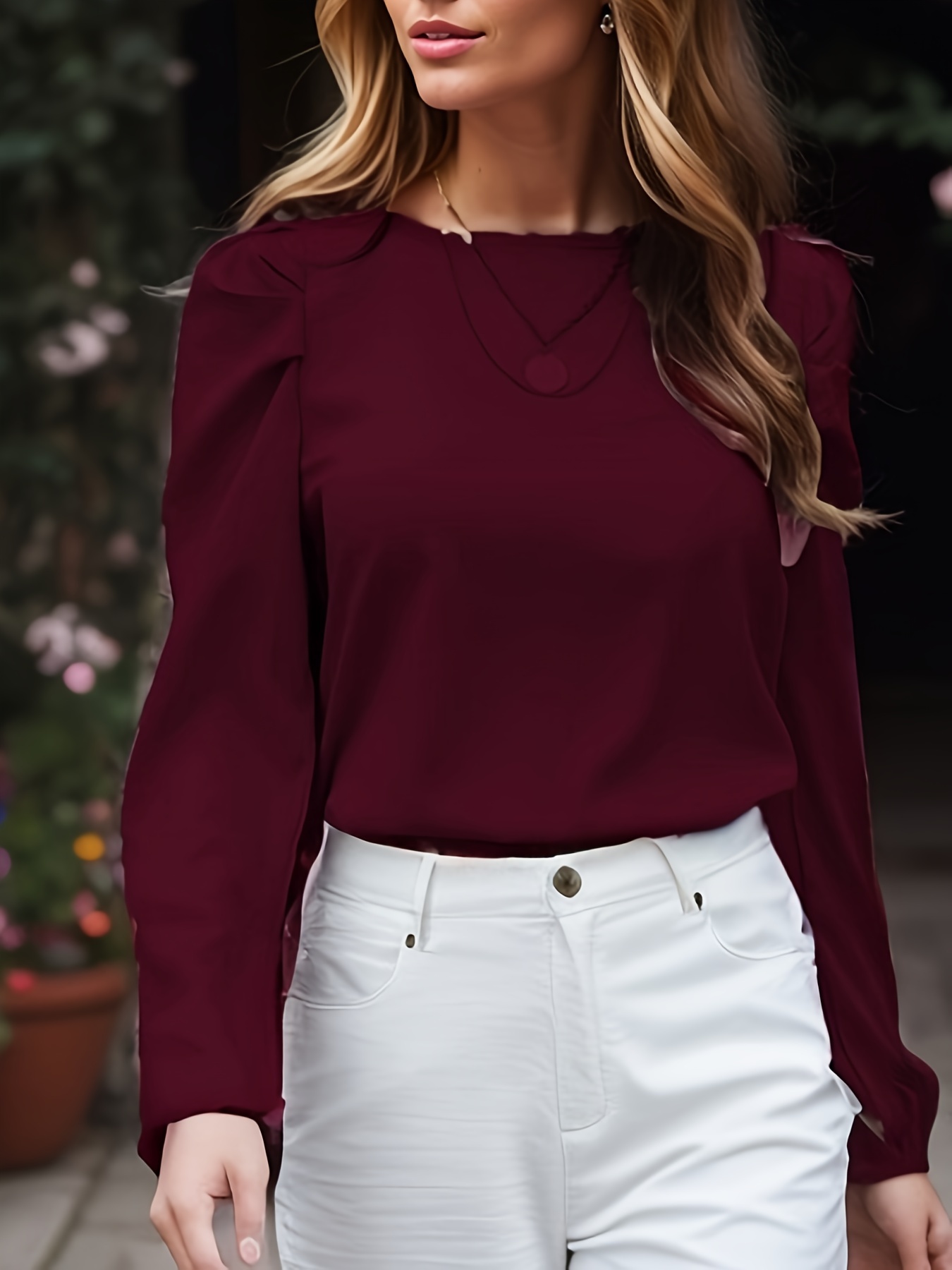 Blusa de redonda Blusa elegante com mangas compridas franzidas Roupas femininas