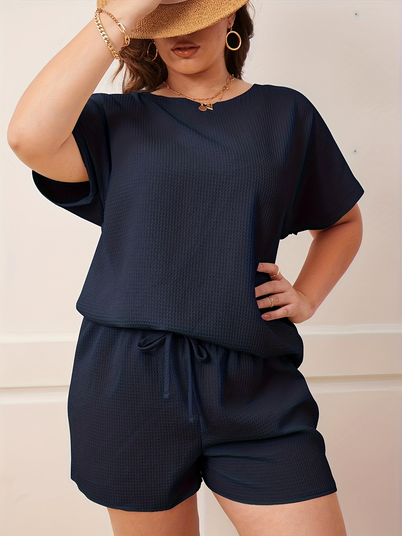 Plus Size Casual Outfits Set Women's Plus Solid Short Sleeve - Temu