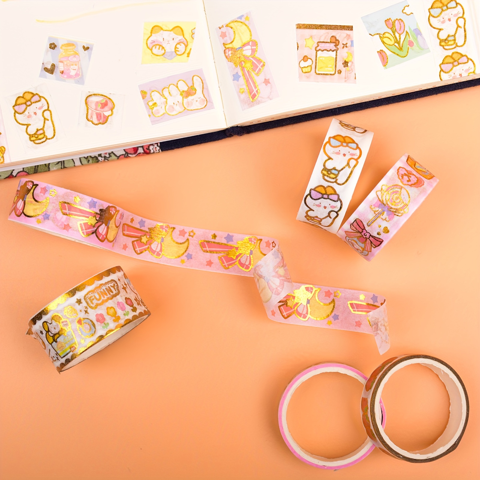Cute Washi Tape Set Golden Foil Kawaii Food Animals - Temu