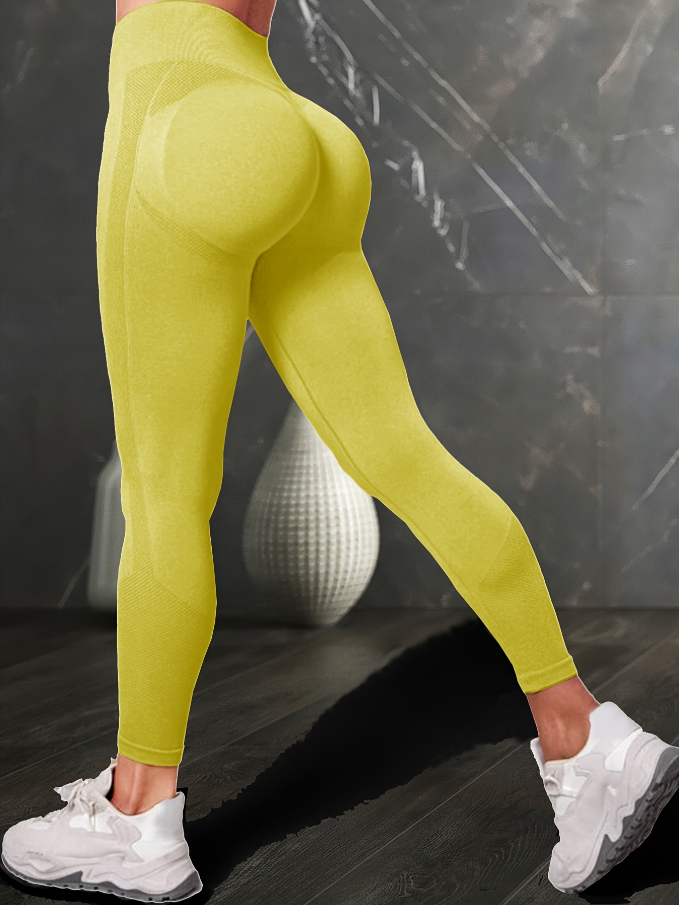 Women's Tapered Waistband Leggings - Neon Yellow Solid Workout