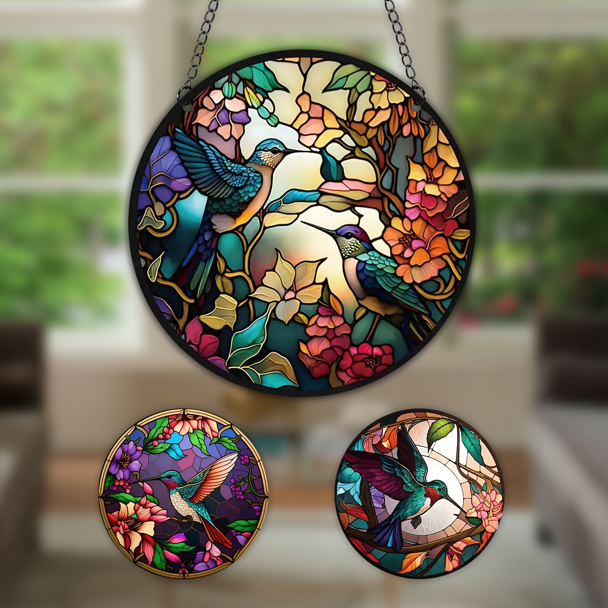 VEWOGARDEN W10xH15 inch Hummingbird Stained Glass Window Hangings,  Suncatcher Panel with Chain for Wall or Windows