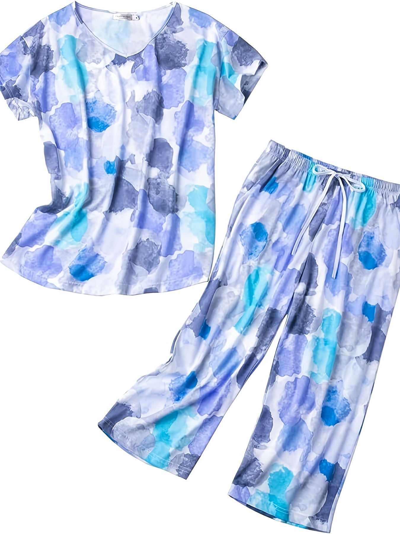 Casual Soft Cute Print Pajama Set, Loose Short Sleeve Tops & Elastic Waist  Pants Set, Women's Sleepwear & Loungewear
