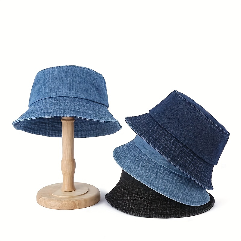 

Solid Color Denim Bucket Hat Simple Washed Distressed Sunshade Basin Hat Unisex Casual Fisherman Cap For Women Men