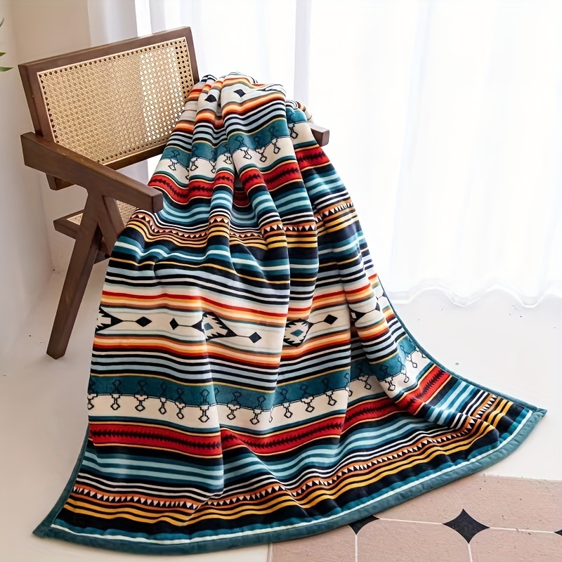 

1pc Thickened Sherpa Blanket, Double Layer Boho Striped Print Blanket, Soft Warm Throw Blanket Nap Blanket For Couch Sofa Office Bed Camping Travel, Multi-purpose Gift Blanket For All Season Ramadan