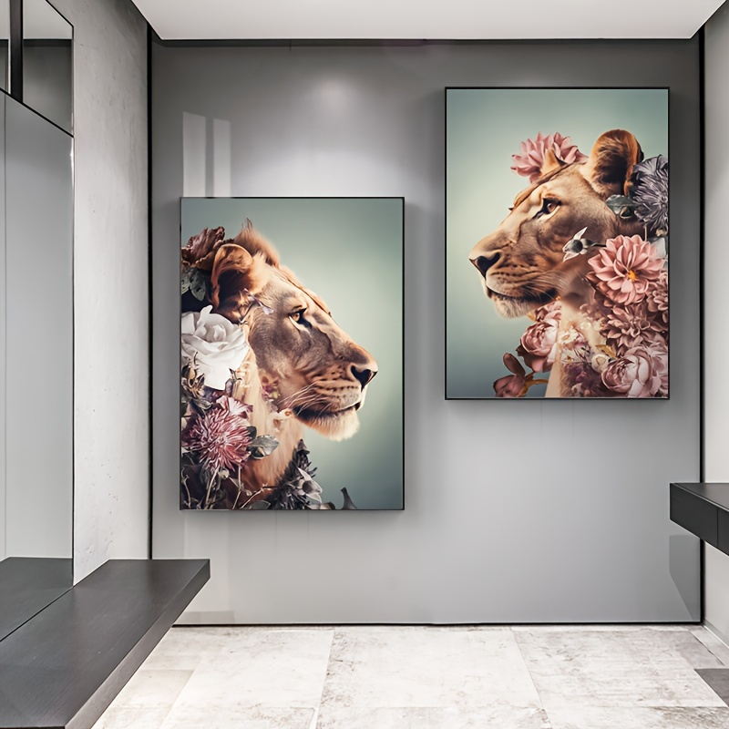 

2pcs 15.8x23.6inch Flowers Lion Poster And Prints Wall Art Canvas Painting Modern Abstract Pink Plant Animals Picture For Living Room Home Decor