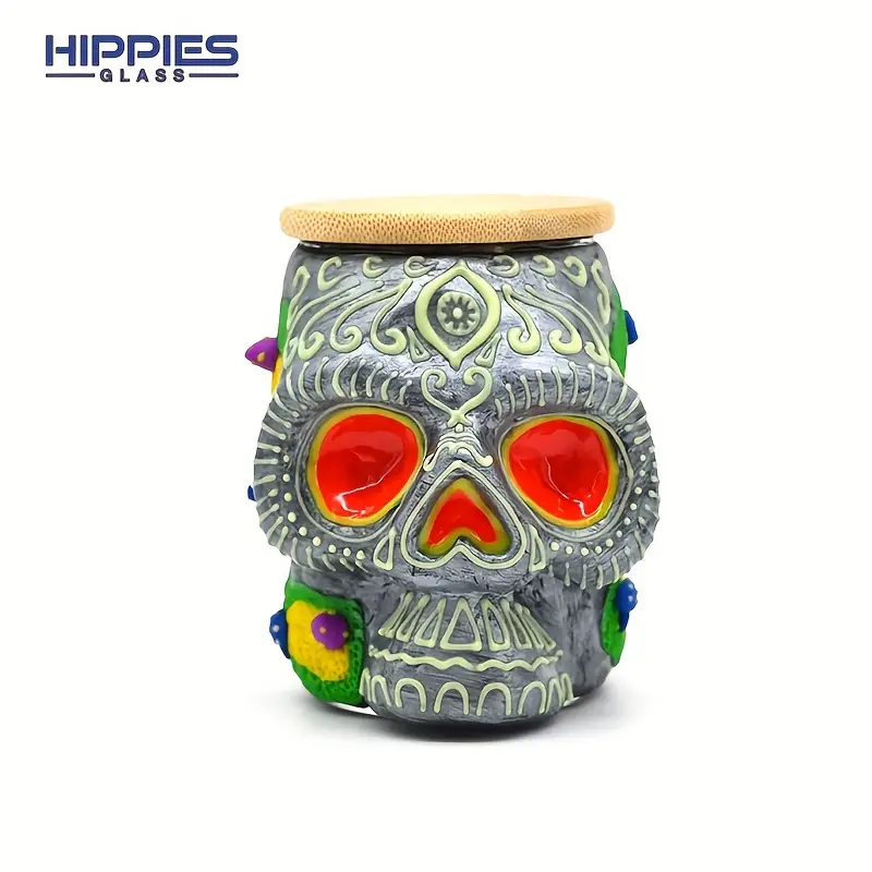 1pc glass smoking ashtray glow in dark tobacco container with luminous halloween skull head hand painted tobacco storage sealed jar with lid glass jar for smoking cigarette tobacco storage halloween christmas gift details 7