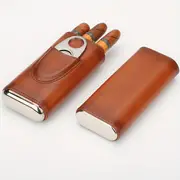premium 3 finger brown leather cigar case with cedar wood lined humidor silvery stainless steel cutter details 0