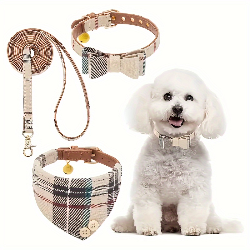 

Elegant Leather Pet Collar & Harness Set With Bow Tie & Bell - Handwash Only, Ideal For Small Dogs And Cats