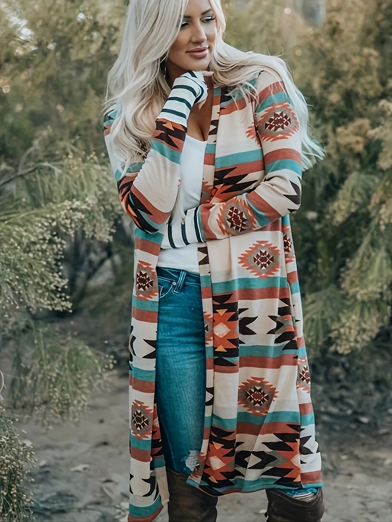 Aztec Print Knit Cardigan, Vintage Open Front Long Sleeve Sweater, Women's  Clothing - Temu