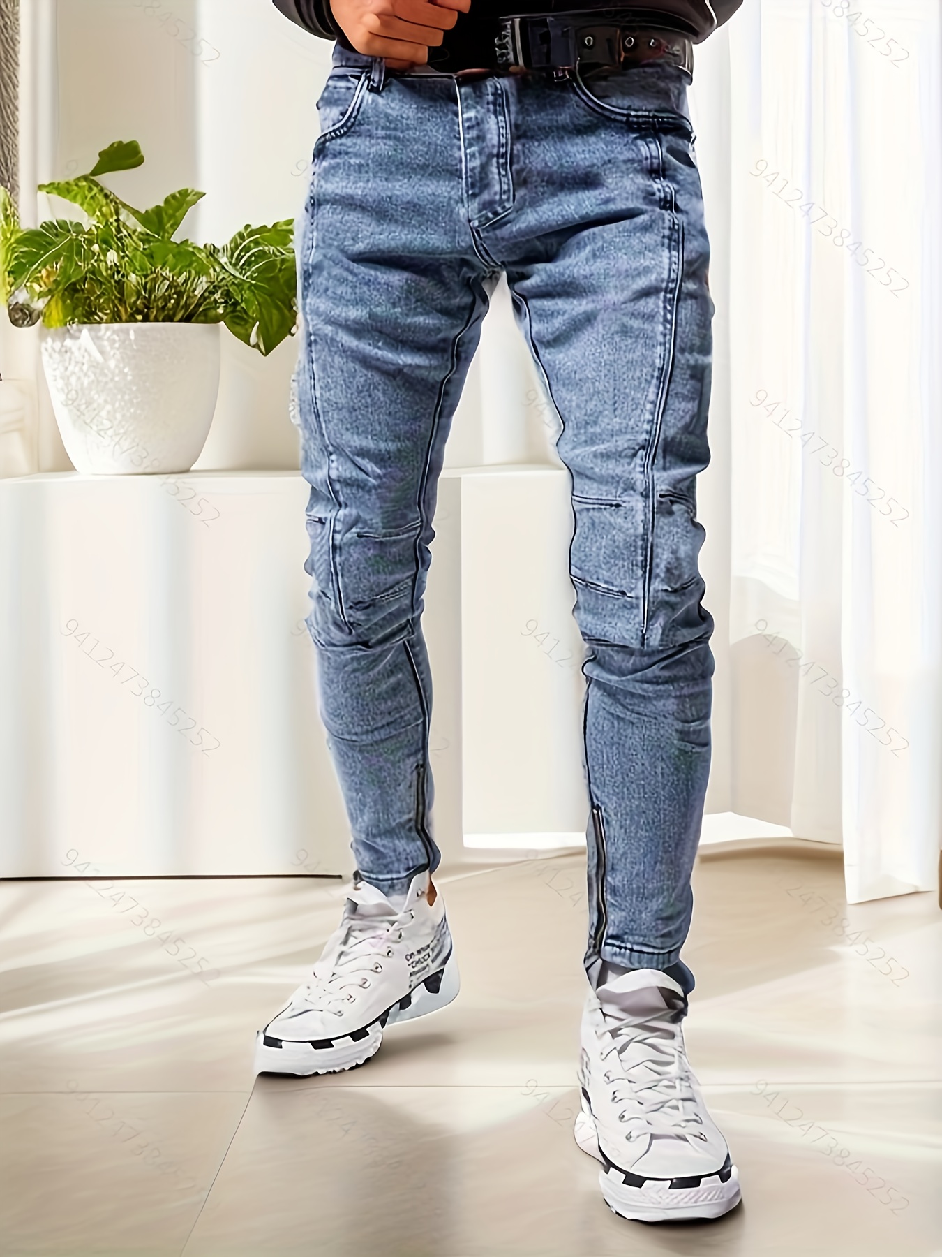 Men's Stretch Skinny Biker Jeans with Ripped Holes - Comfy & Stylish