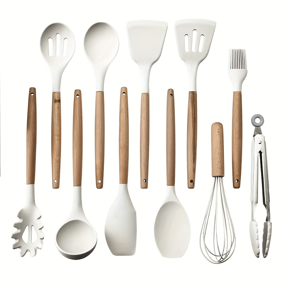 12pcs Silicone Cooking Utensils, Kitchen Utensil Set Bamboo Wooden