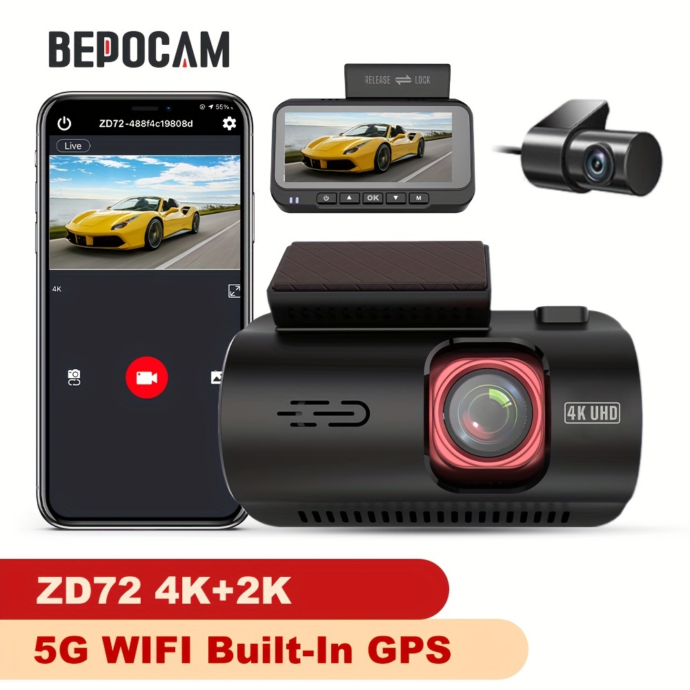4K Dual Channel Dash Cam, Built-in Wi-Fi GPS, 4K + 1080P Front and Rear  Dashcam, 2.4 Inches Large Screen, Supercapacitor, Parking Mode, Motion