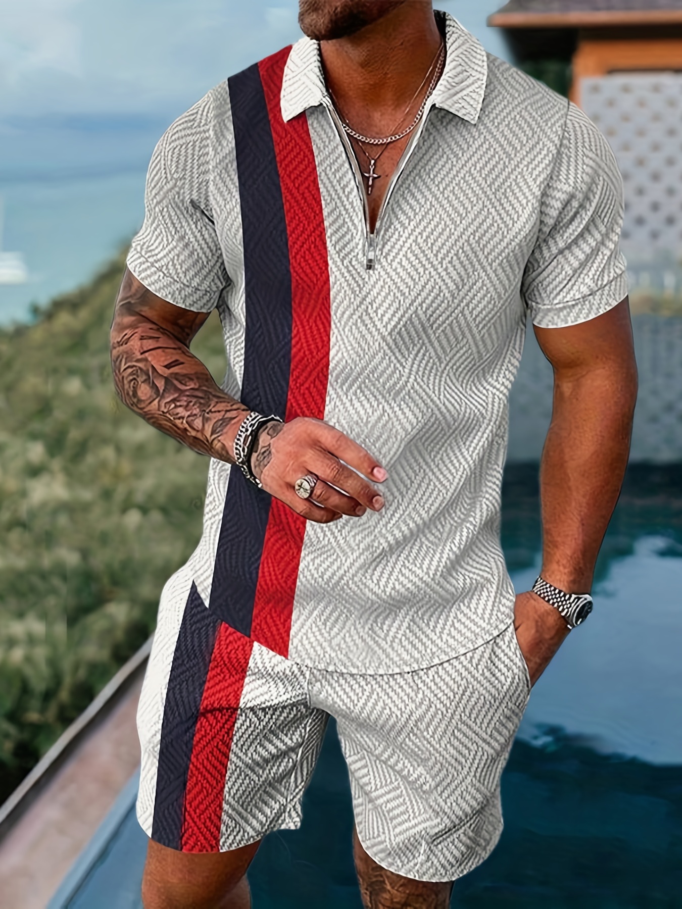 Mens Summer Outfit 2-Piece Set Short Sleeve POLO Shirts and Shorts Set