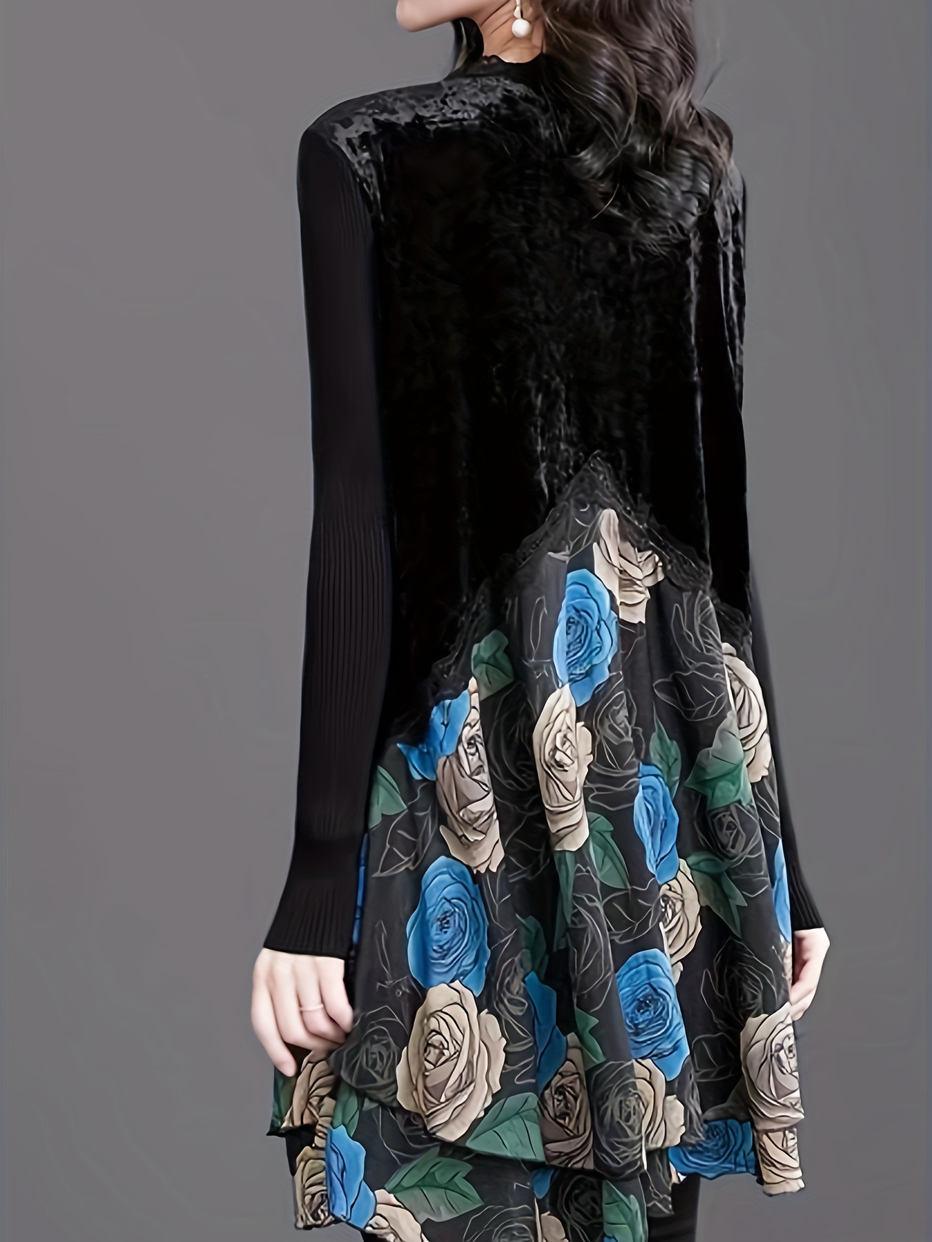 Floral Print Lace Trim V Neck Dress Casual Velvet Paneled - Temu Canada