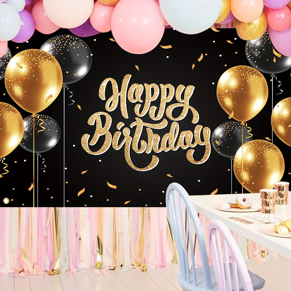 Happy Birthday Polyester Photography Backdrop black And Gold - Temu