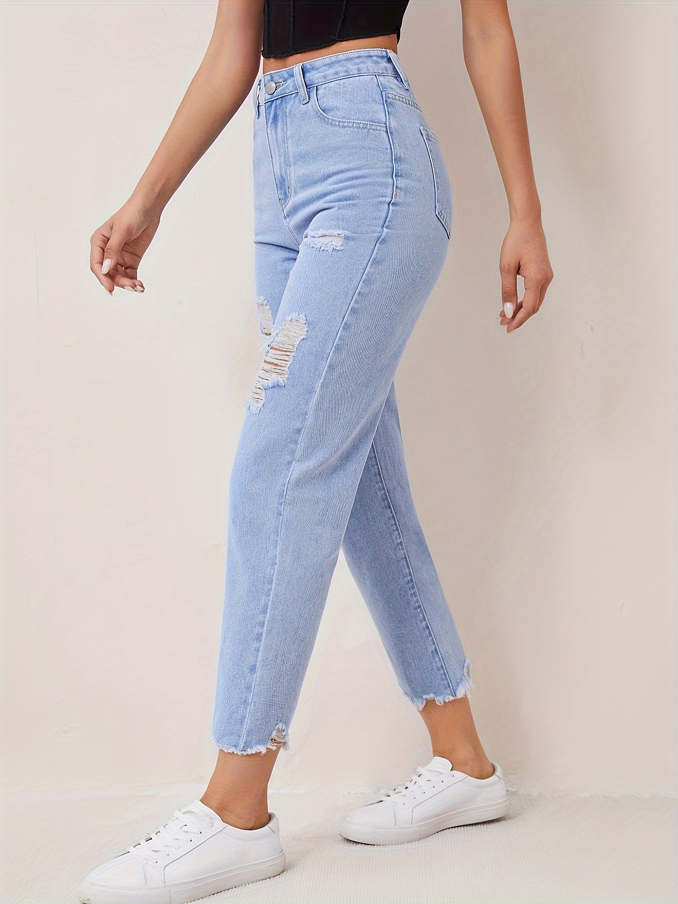 Ripped Holes Frayed Trim Tapered Jeans High Rise - Temu