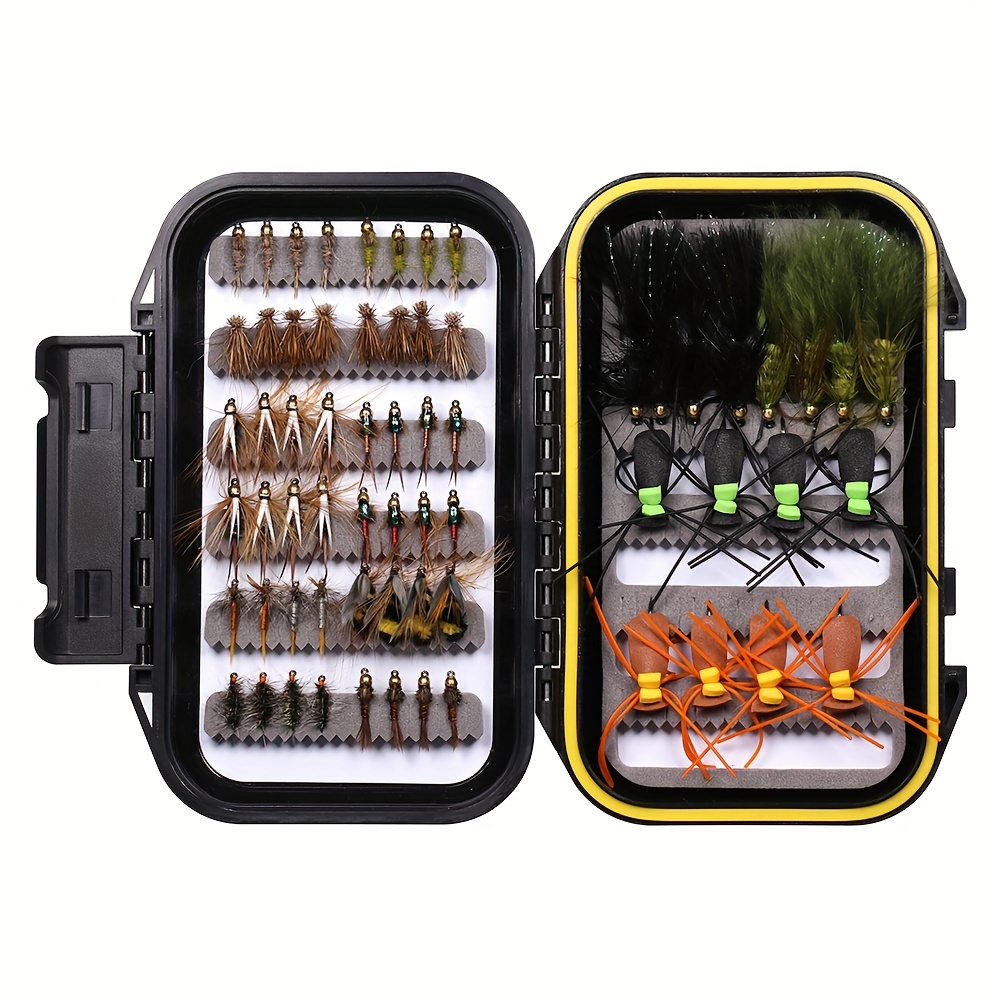 64pcs Fly Fishing Flies Kit, Artificial Dry Wet Flies Baits With Waterproof  Box, Fishing Gear Accessories