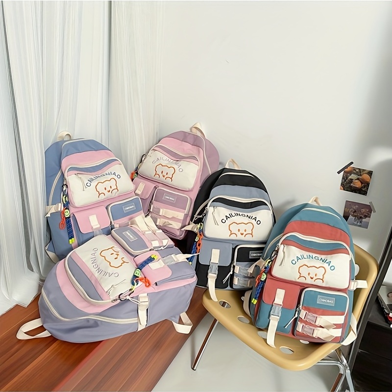 Cartoon Bear Pattern Colorblock Backpack School Storage Bag