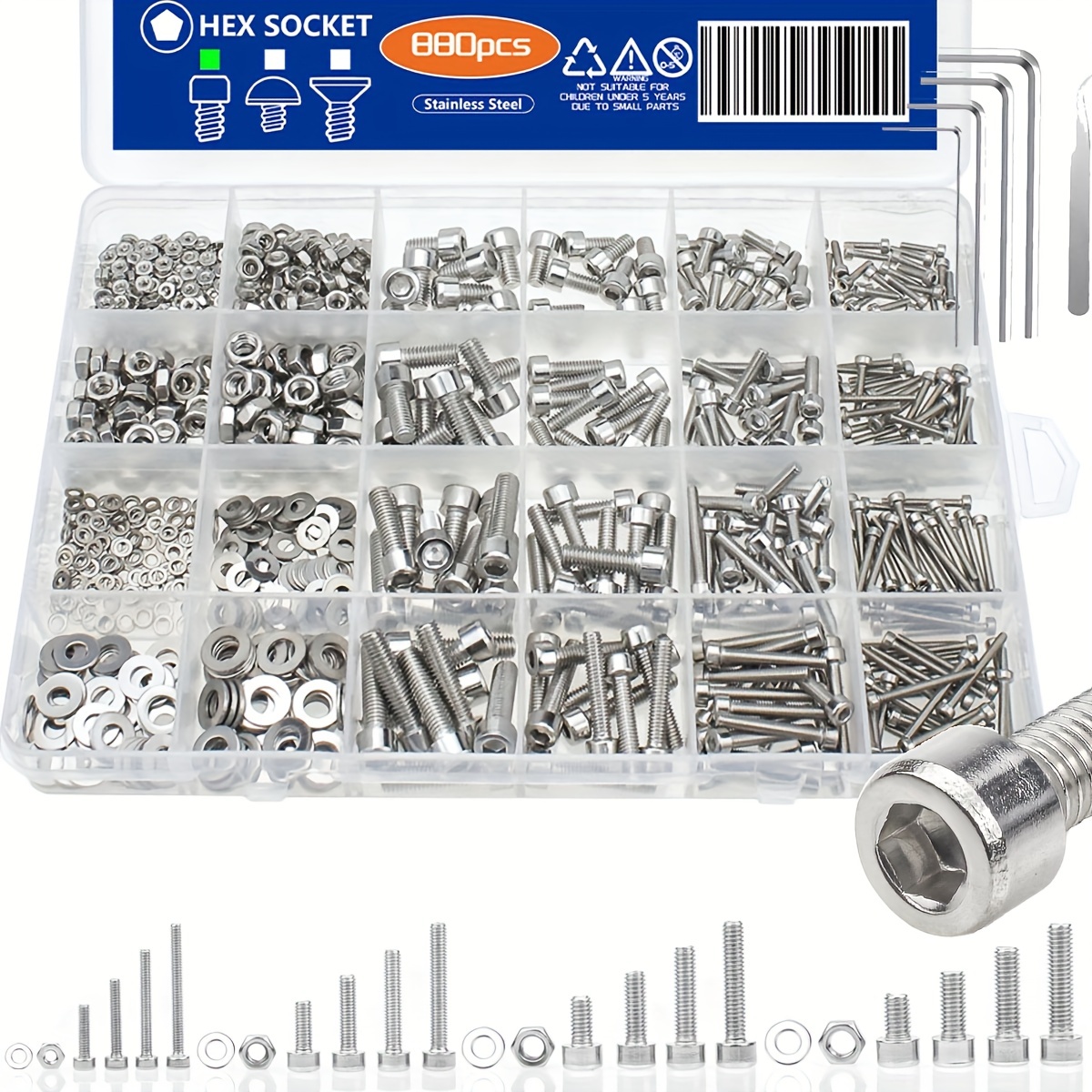 

880-piece Nuts And Bolts Assortment Kit - M2, M3, M4, M5 Hex Head Stainless Steel Bolts, Nuts, Flat Washers, And More - With Case!